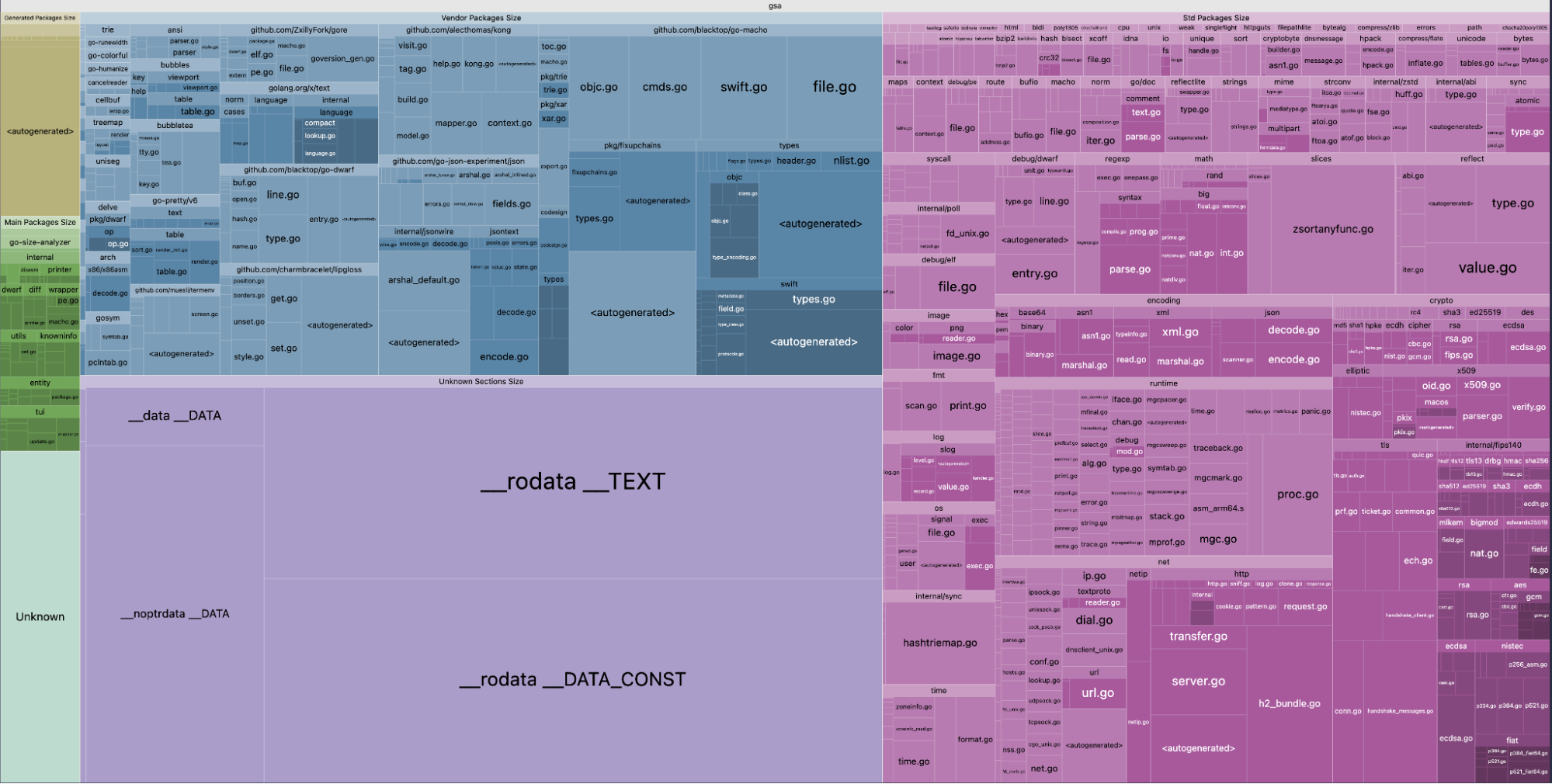 Screenshot showing dependency sizes within a Go binary, generated by go-size-analyzer.