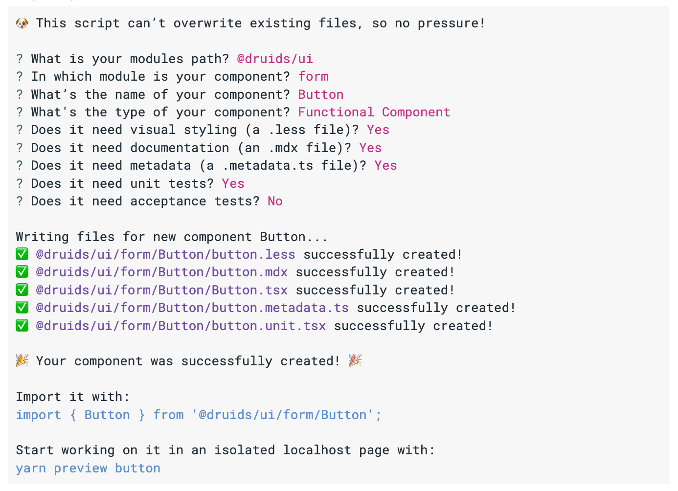 A visual of the DRUIDS component creation CLI.