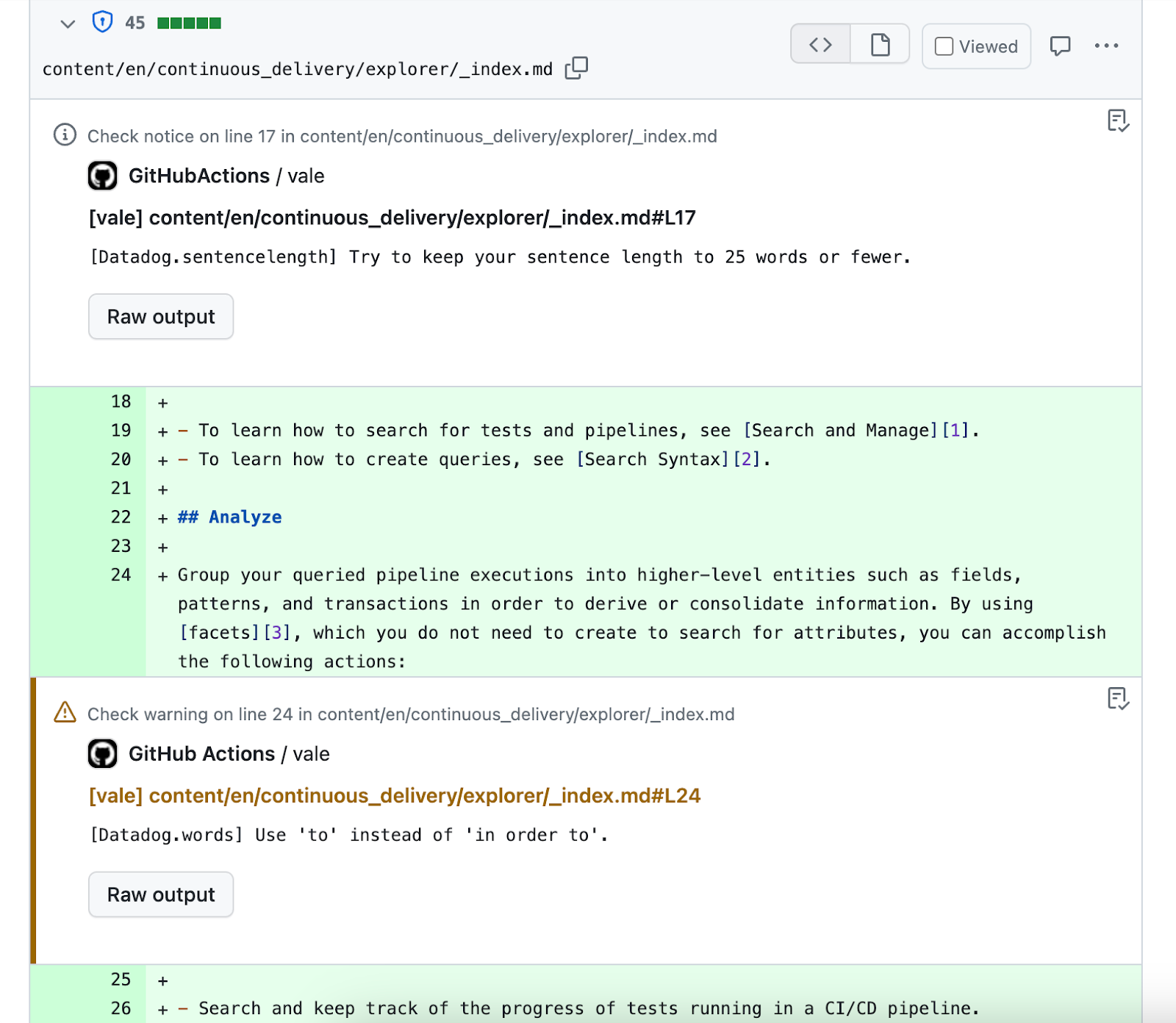 Comments flagged by Vale in a pull request