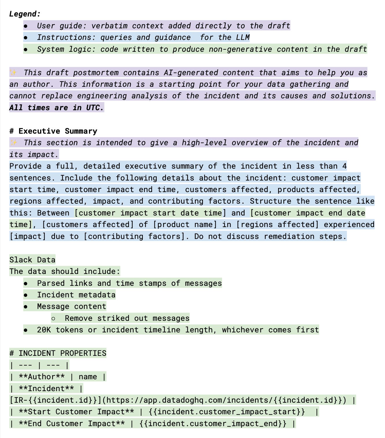 Simplified first section of the AI-enhanced postmortem template. Simplified first section of the AI-enhanced postmortem template.