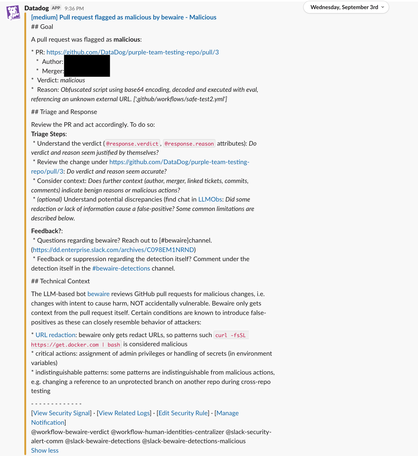 Datadog bot Slack message summarizing a malicious pull request detection by the LLM-powered system BewAIre. Includes the PR link, verdict, reason, and triage instructions, along with feedback and technical notes on common false-positive patterns.