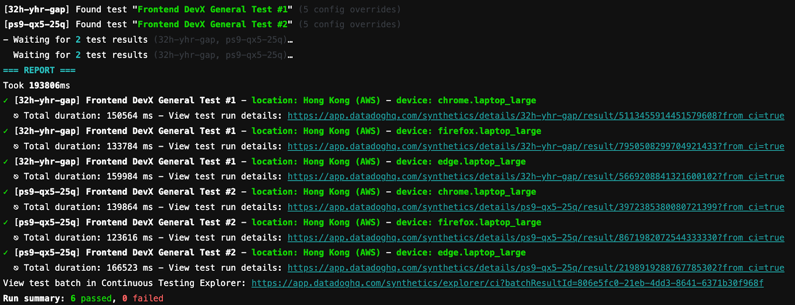 Command-line interface, showing the results of a series of tests.
