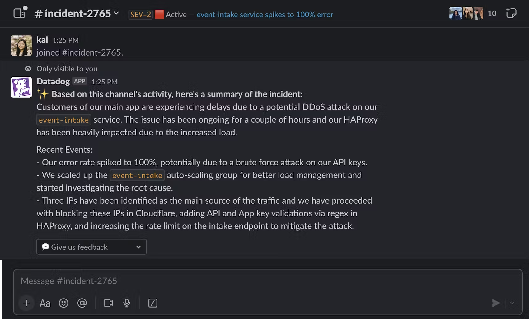 LLM-generated incident summary based on Slack conversations and Datadog metadata.