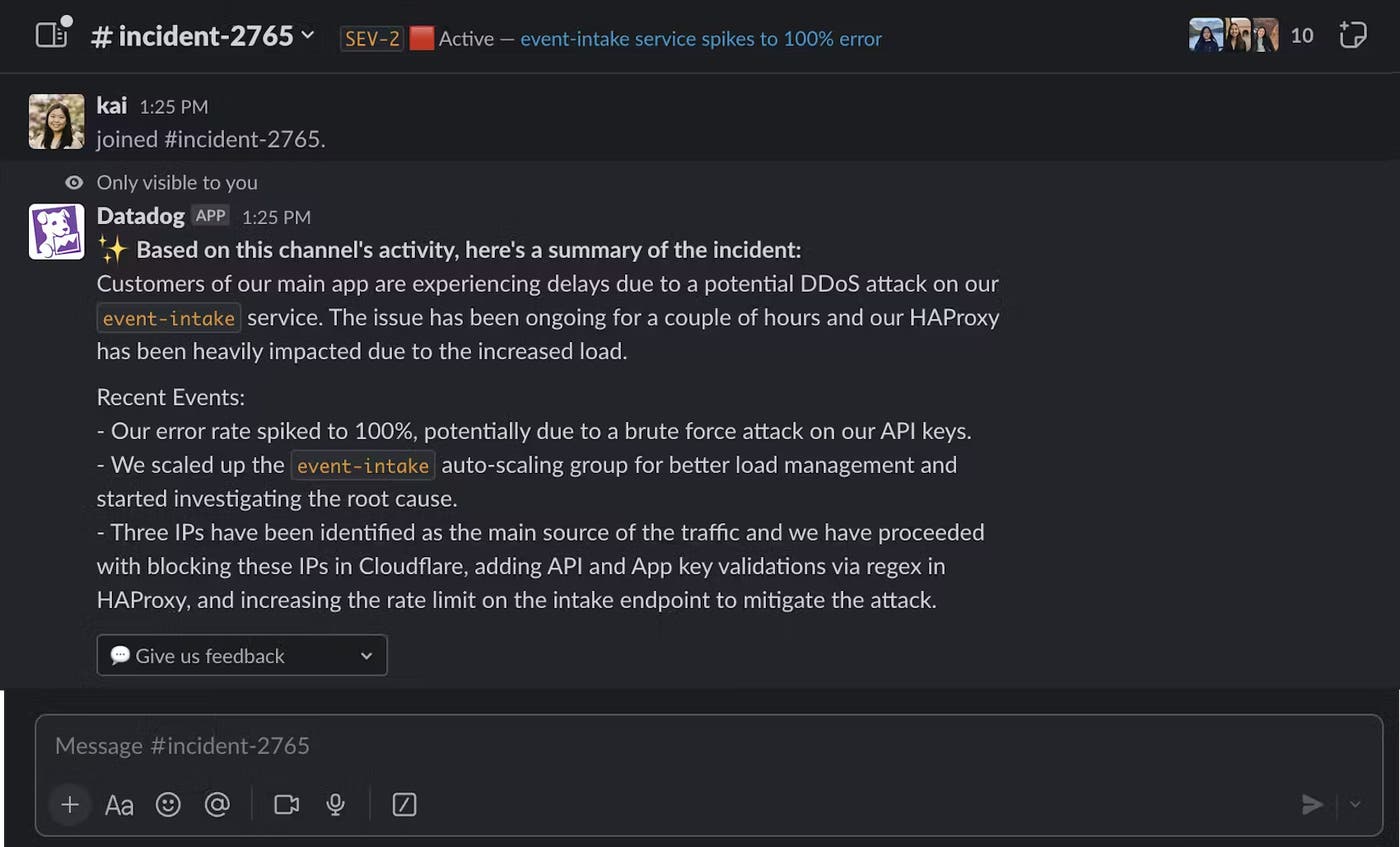 LLM-generated incident summary based on Slack conversations and Datadog metadata. LLM-generated incident summary based on Slack conversations and Datadog metadata.