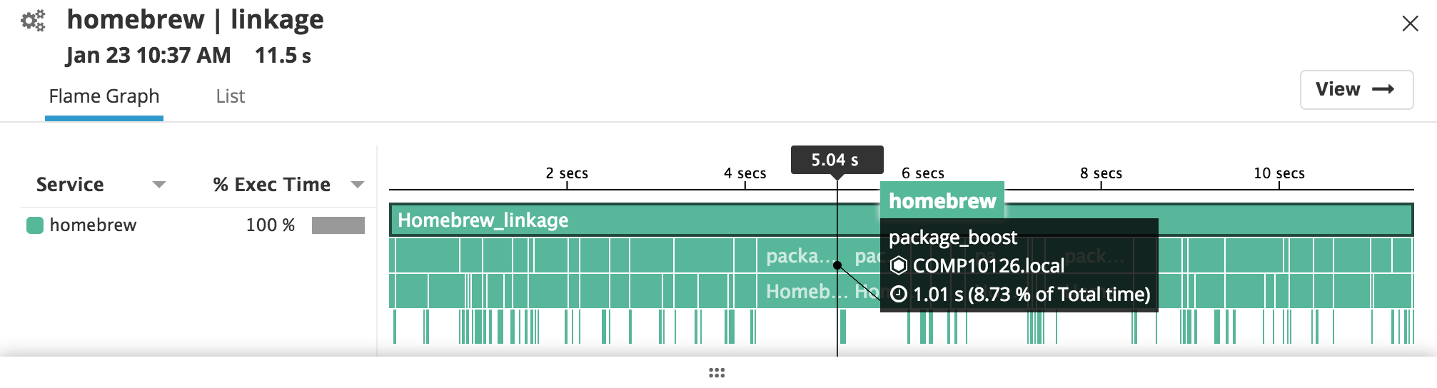 Datadog flame graph showcasing Homebrew's instrumentation.
