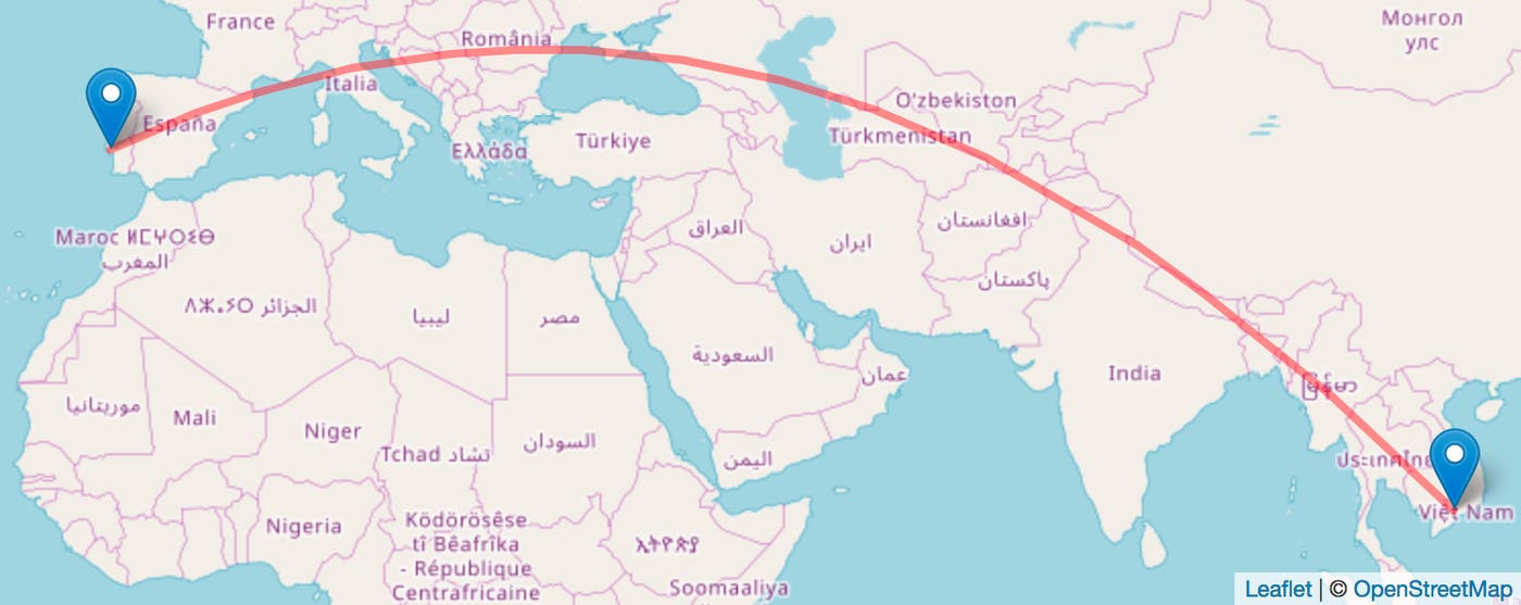 Great circle route between Portugal and Vietnam Great circle route between Portugal and Vietnam
