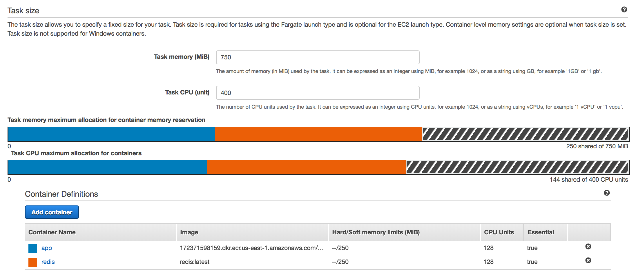 Resource reservation for a task and its containers within the ECS console.
