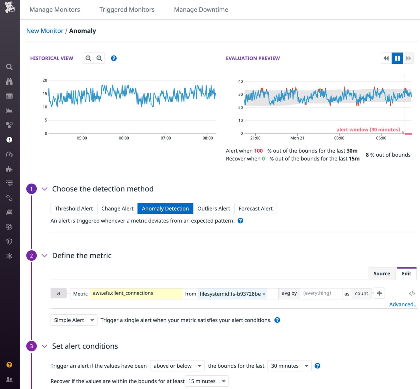 The New Monitor screen for an Anomaly Monitor shows the history and the expected range of values of the connected clients metric. The New Monitor screen for an Anomaly Monitor shows the history and the expected range of values of the connected clients metric.