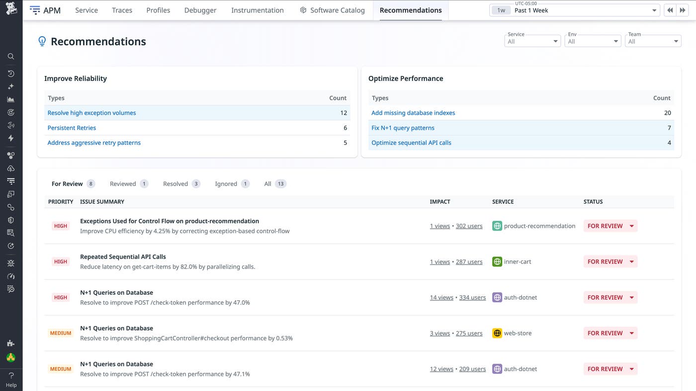 The APM Recommendations Overview page, which shows a list of issues along with their priority, impact, affected service, and status. The APM Recommendations Overview page, which shows a list of issues along with their priority, impact, affected service, and status.