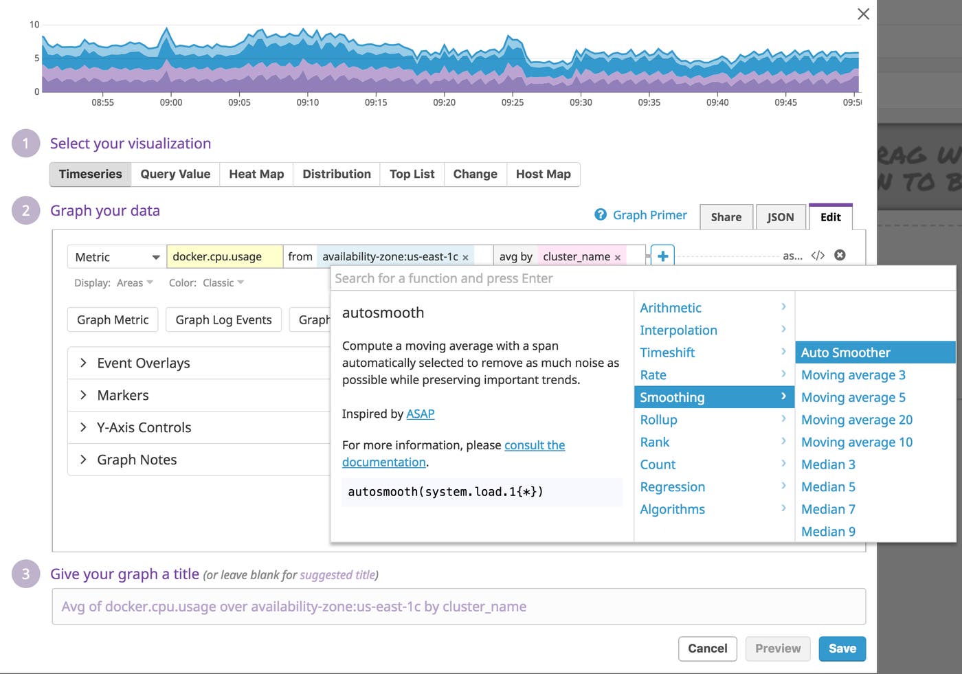 Adding Auto Smoother to a timeseries graph in the Datadog UI. Adding Auto Smoother to a timeseries graph in the Datadog UI.