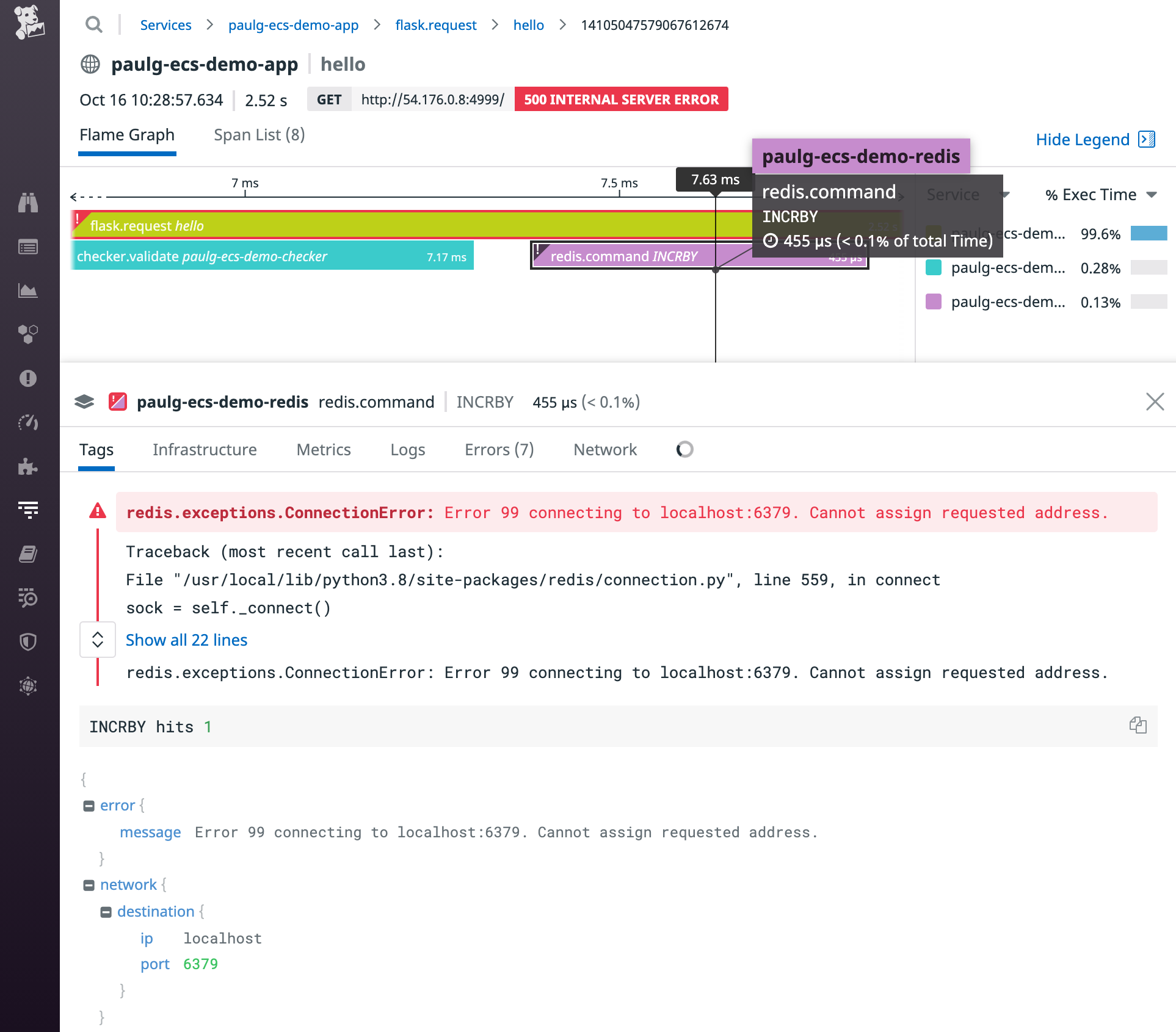 A screenshot shows a flamegraph from a request that resulted in a 500 error due to a Redis connection error.
