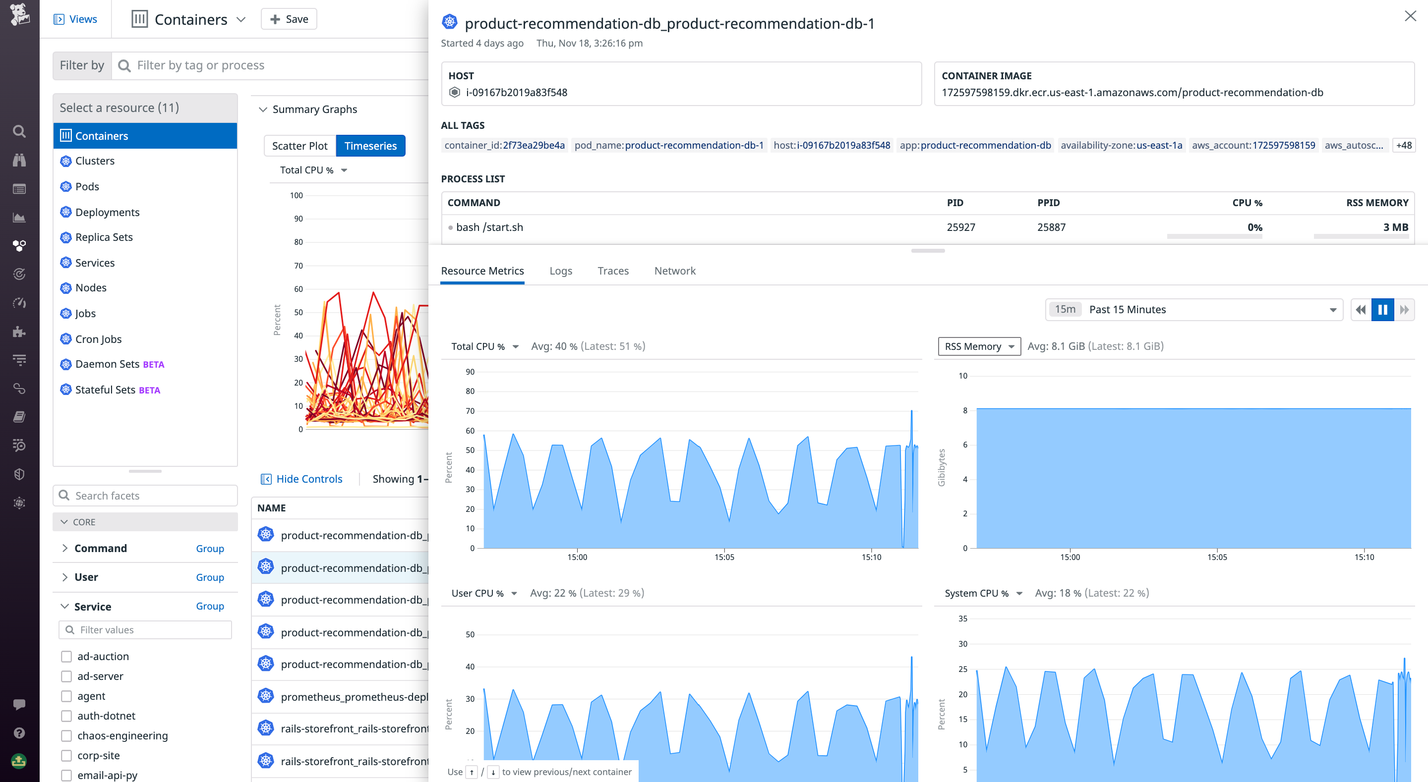 Viewing key container infrastructure metrics in the Containers sidepanel