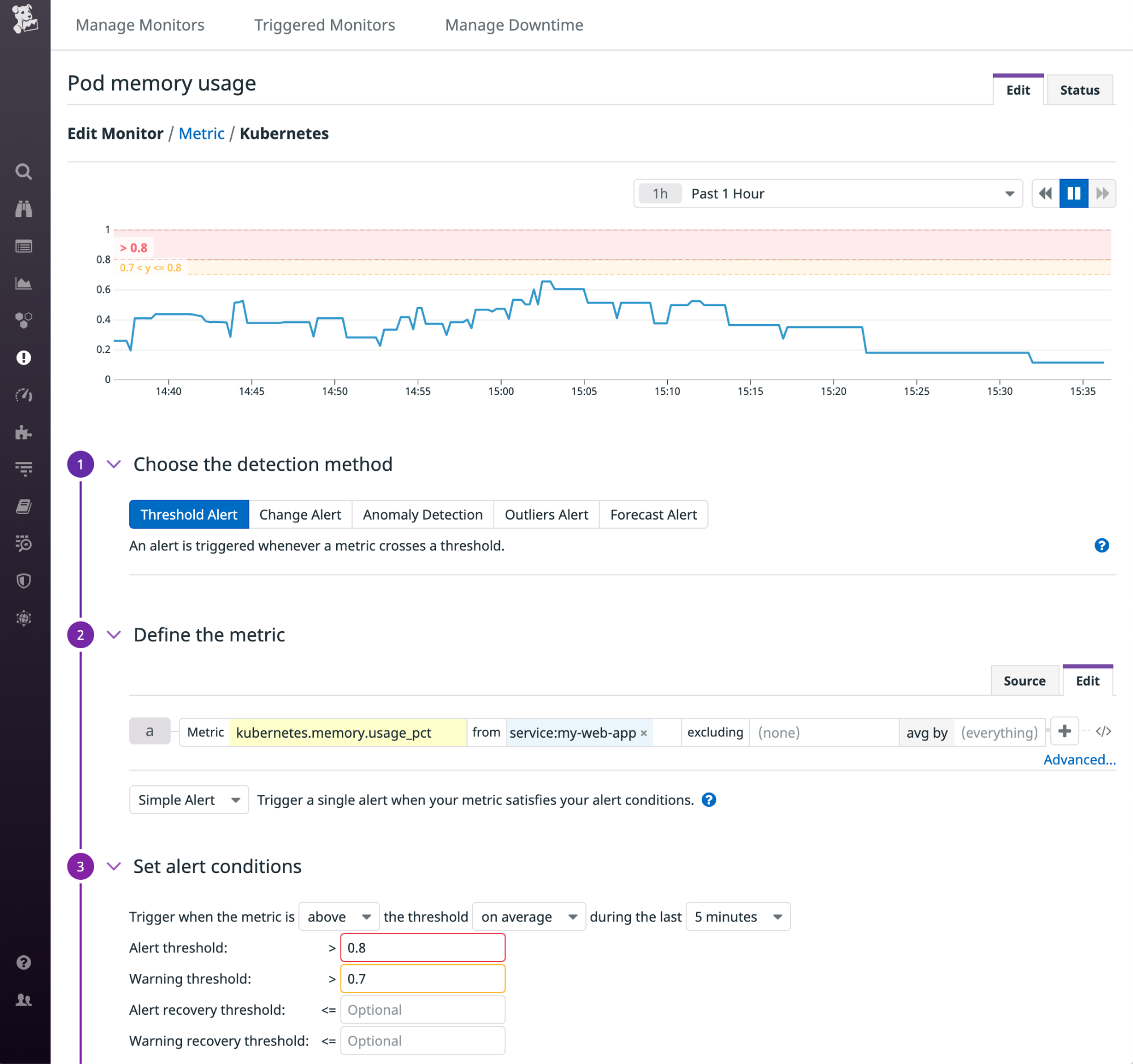 The New Monitor page graphs the value of the memory usage of the my-web-app service and defines an alert that triggers if it rises over 80 percent.