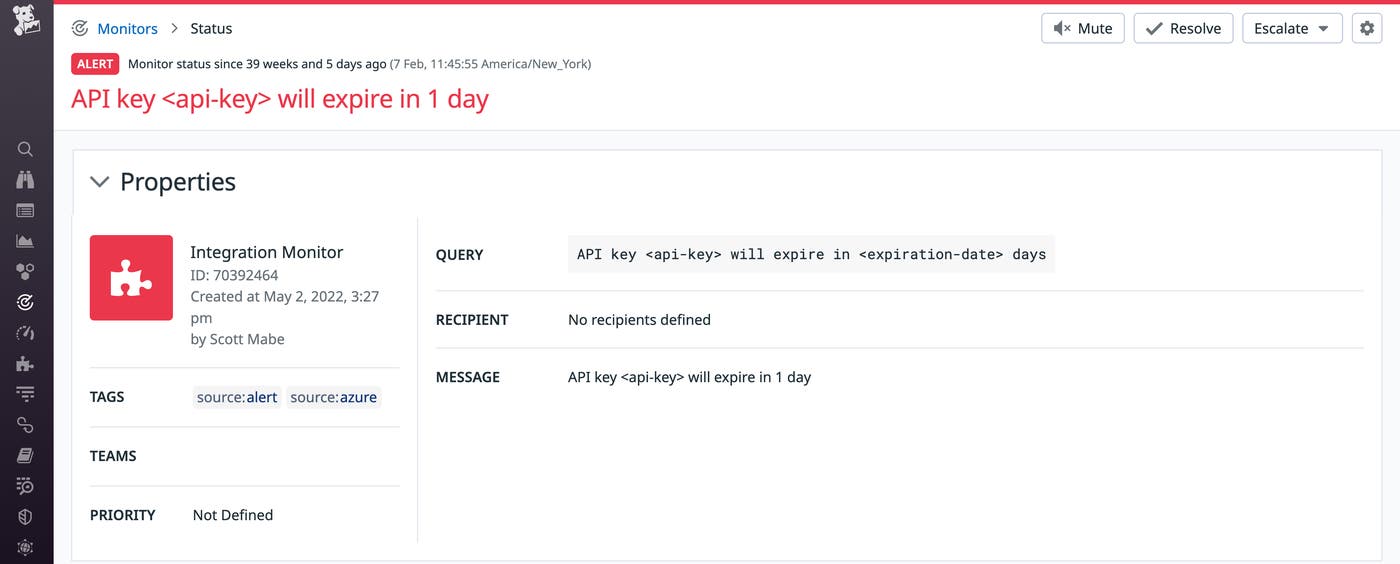 Create Datadog alerts on Azure Key Vault expiration events Create Datadog alerts on Azure Key Vault expiration events