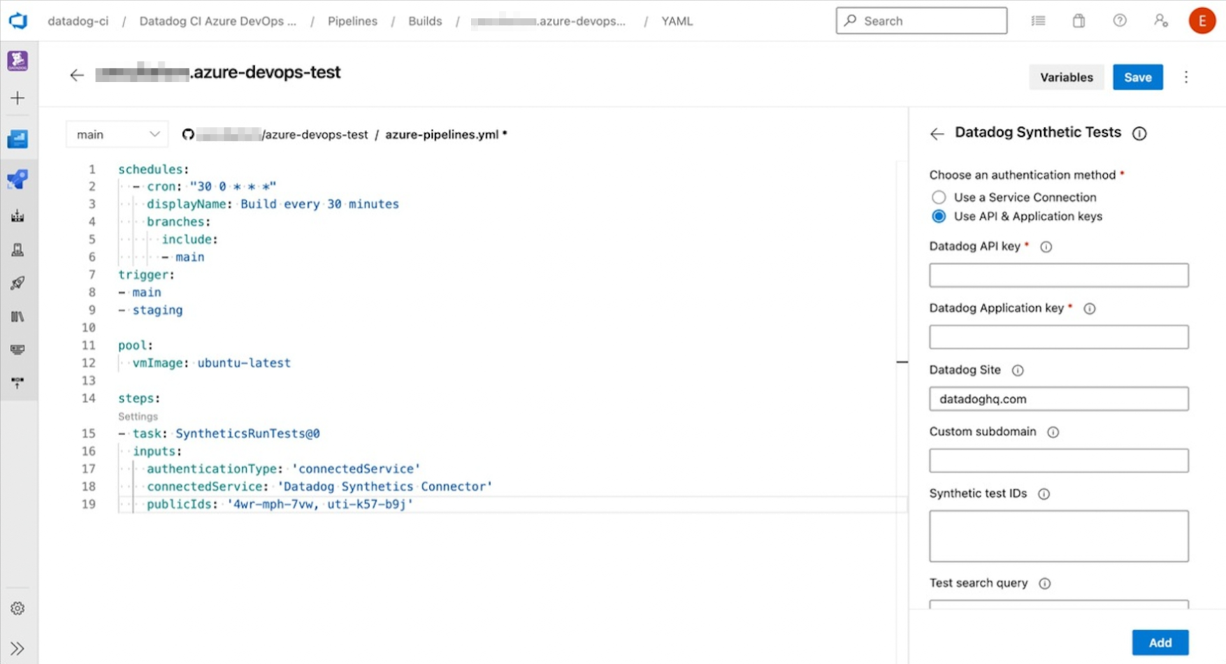 Configuring tests in Azure Pipelines.
