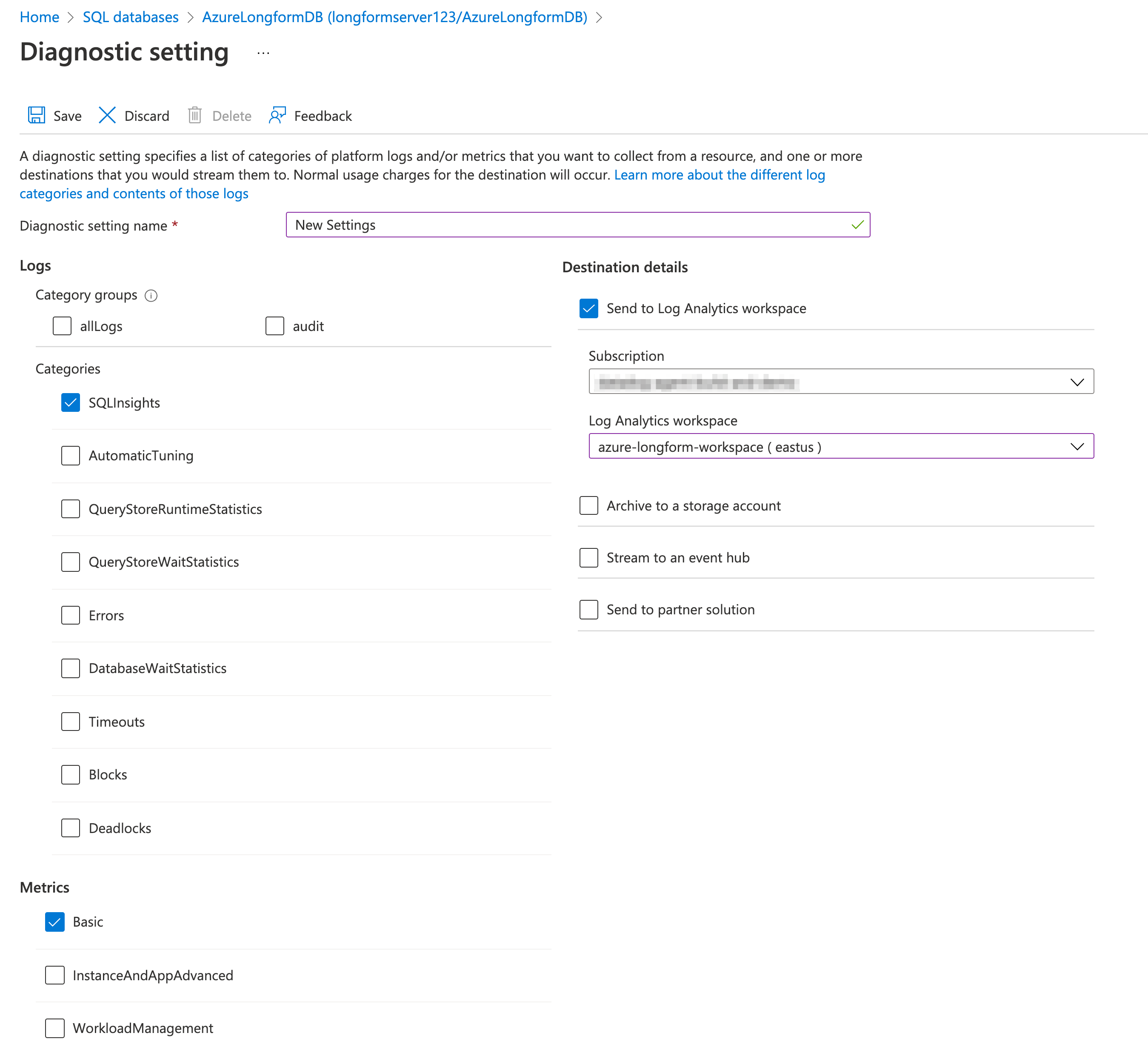 Diagnostic settings for an Azure SQL Database