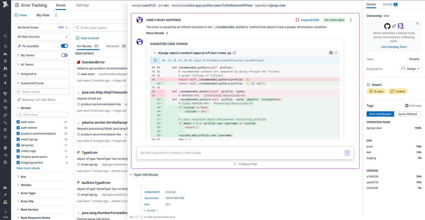 Bits AI Dev showing issue context and proposed fix in Error Tracking. Bits AI Dev showing issue context and proposed fix in Error Tracking.