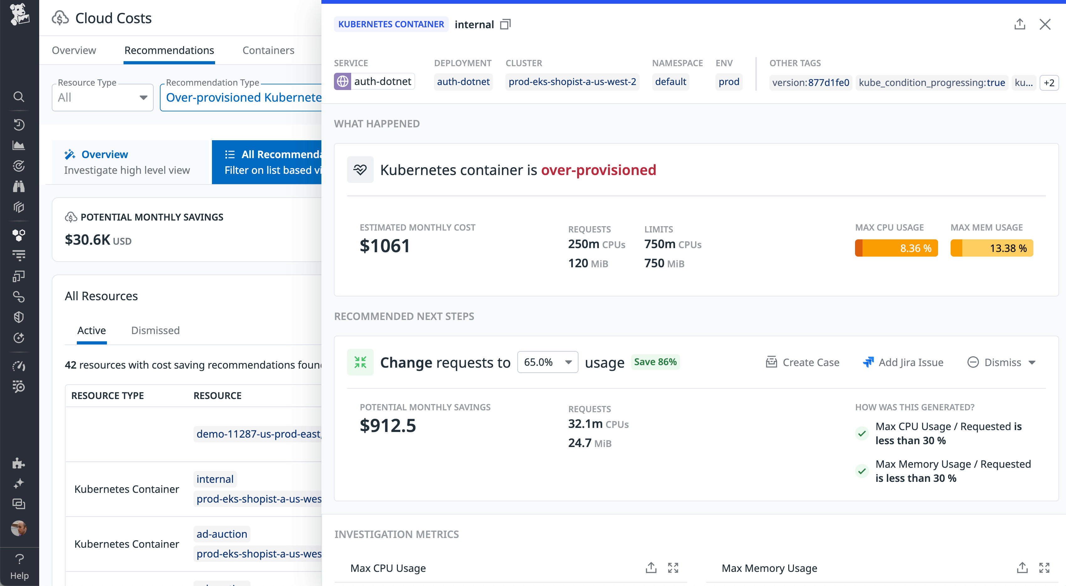 Recommendations for an over-provisioned Kubernetes container with potential monthly savings details.