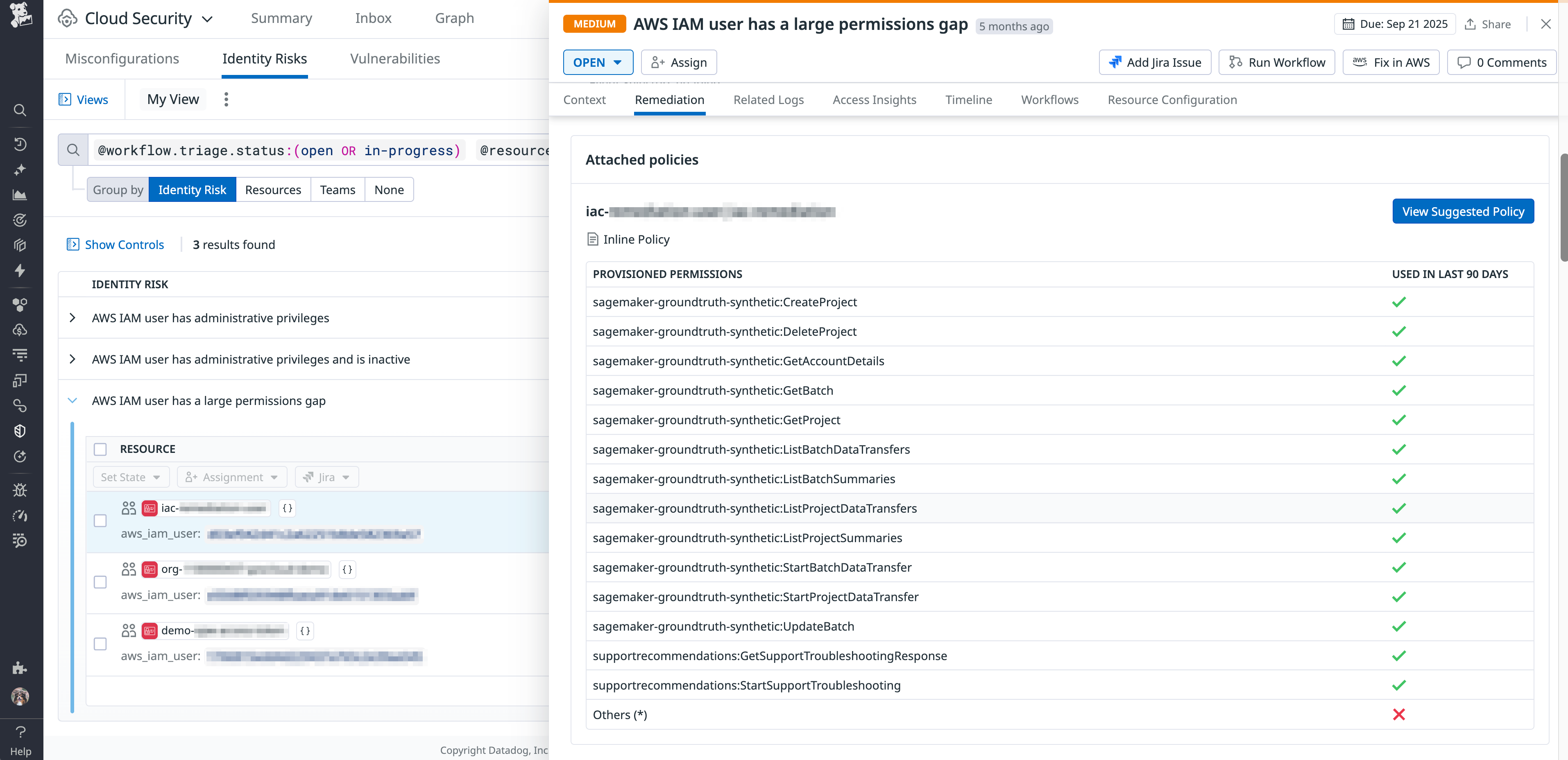 Resource with permissions gap in Datadog Cloud Security