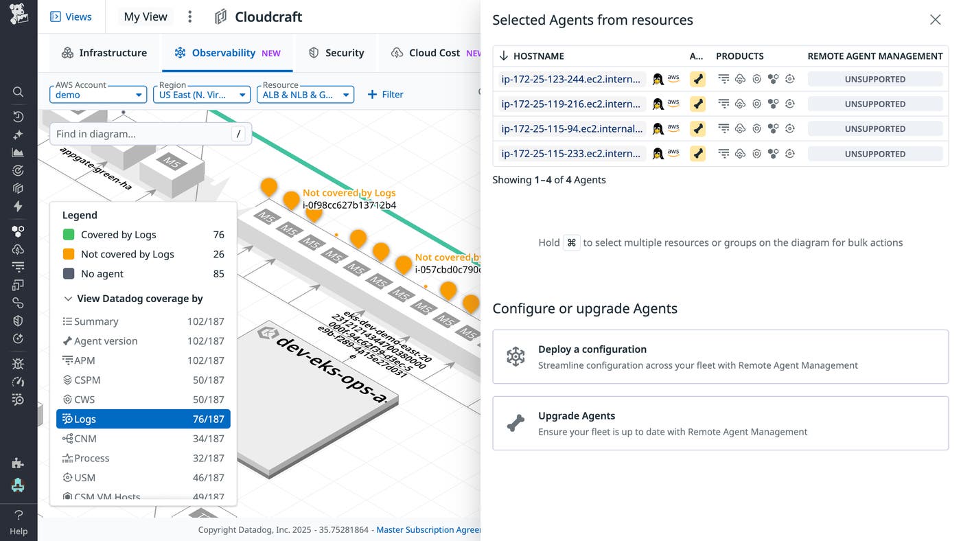 Cloudcraft view highlighting hosts not covered by Datadog Log Management with orange pins, alongside a side panel allowing you to update the configuration. Cloudcraft view highlighting hosts not covered by Datadog Log Management with orange pins, alongside a side panel allowing you to update the configuration.