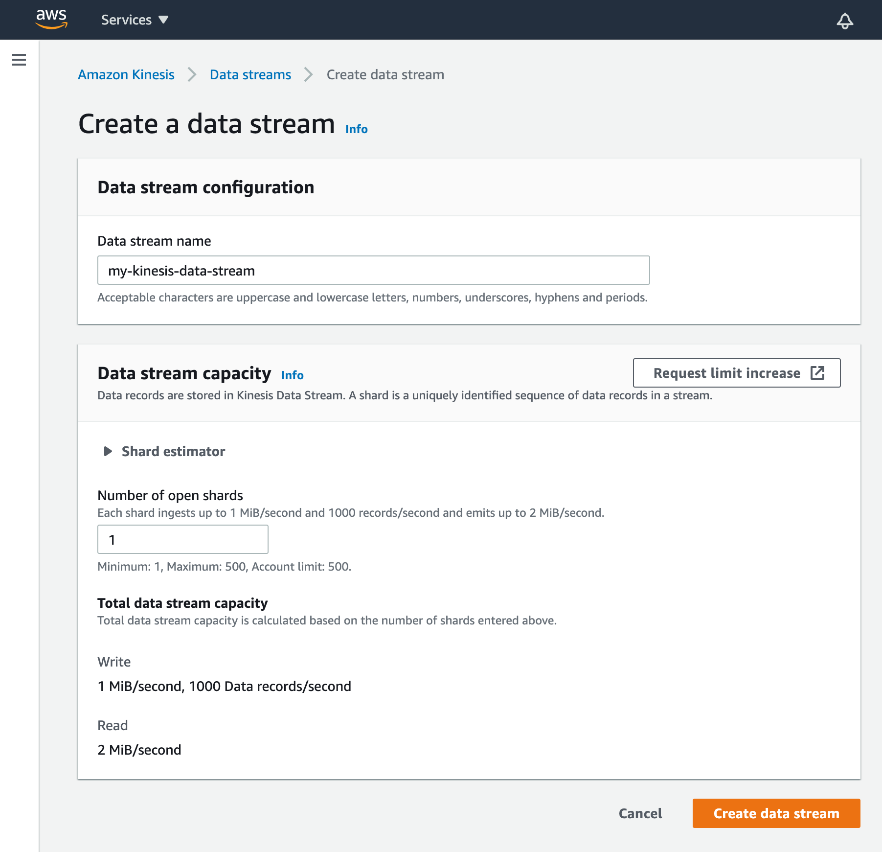In the web form for creating a Kinesis Data Stream, we’ve created a stream named my-cloudfront-log-stream that uses only one shard.