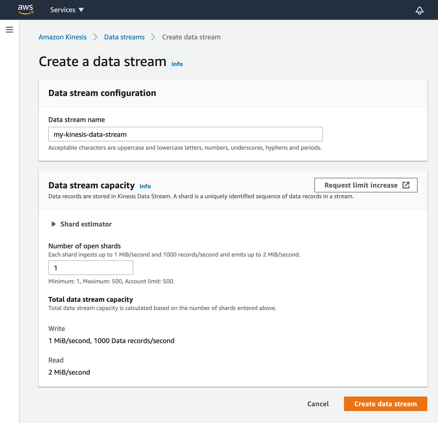In the web form for creating a Kinesis Data Stream, we’ve created a stream named my-cloudfront-log-stream that uses only one shard. In the web form for creating a Kinesis Data Stream, we’ve created a stream named my-cloudfront-log-stream that uses only one shard.