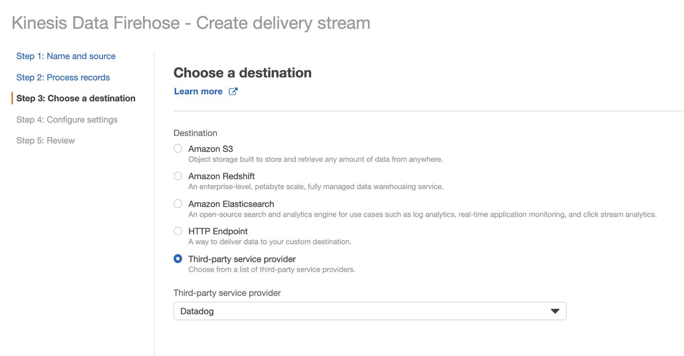 Part of the Kinesis delivery stream web page shows a control that names Datadog as the delivery stream’s destination. Part of the Kinesis delivery stream web page shows a control that names Datadog as the delivery stream’s destination.