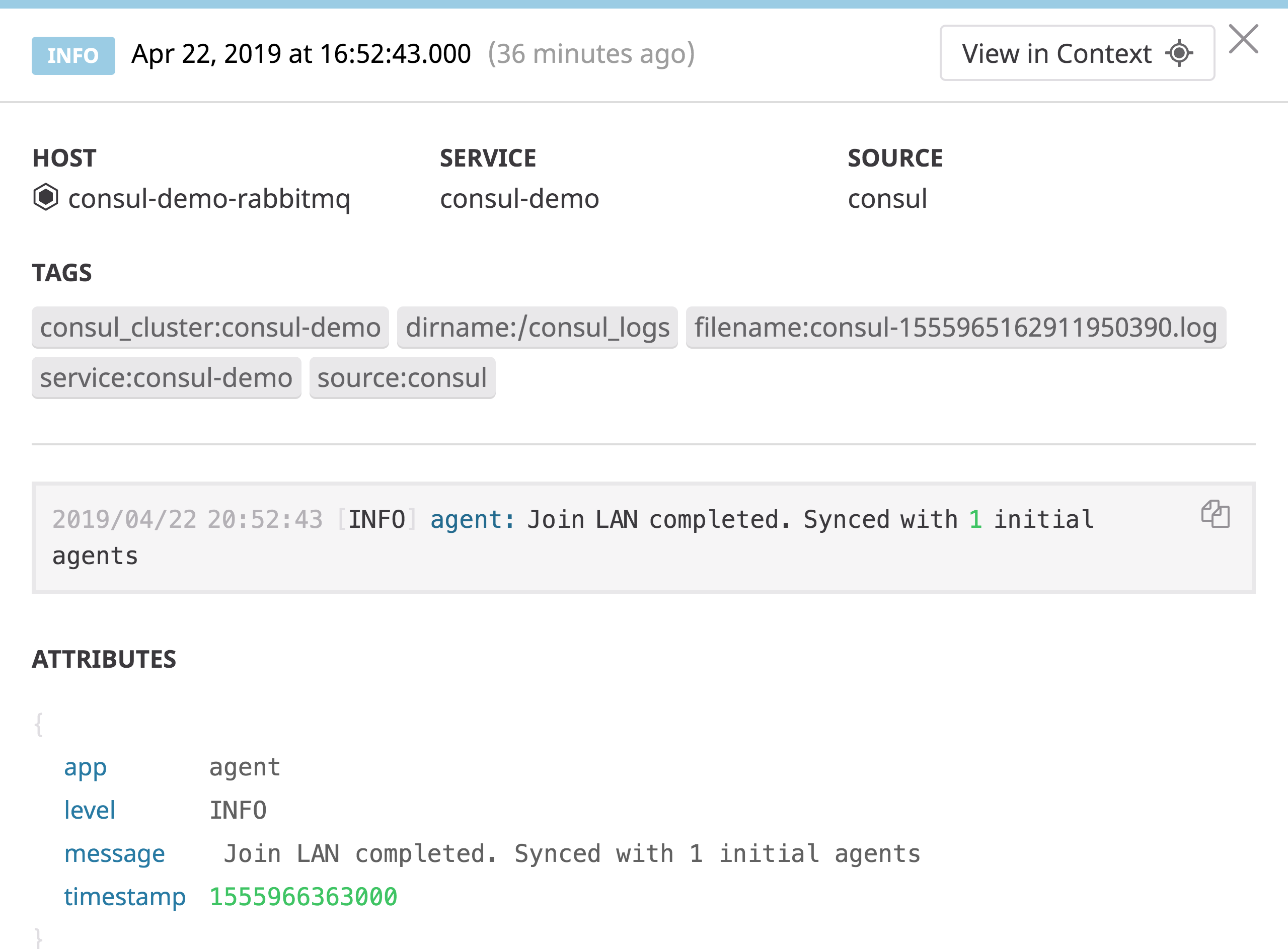 Log collected by Datadog showing that a node hosting RabbitMQ has joined the cluster and synced its state.
