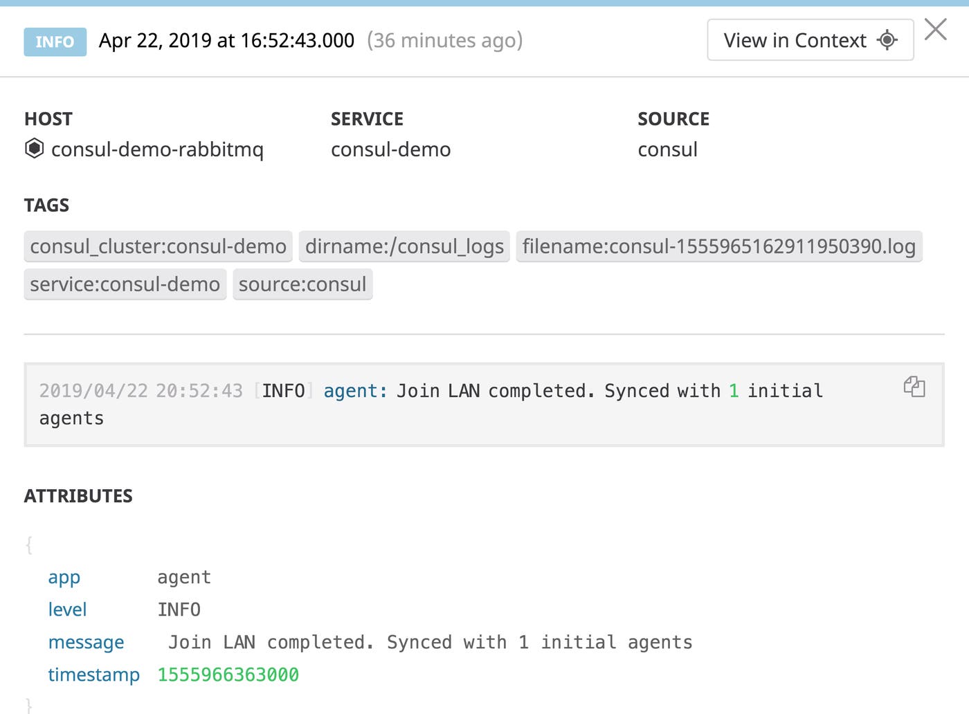 Log collected by Datadog showing that a node hosting RabbitMQ has joined the cluster and synced its state. Log collected by Datadog showing that a node hosting RabbitMQ has joined the cluster and synced its state.