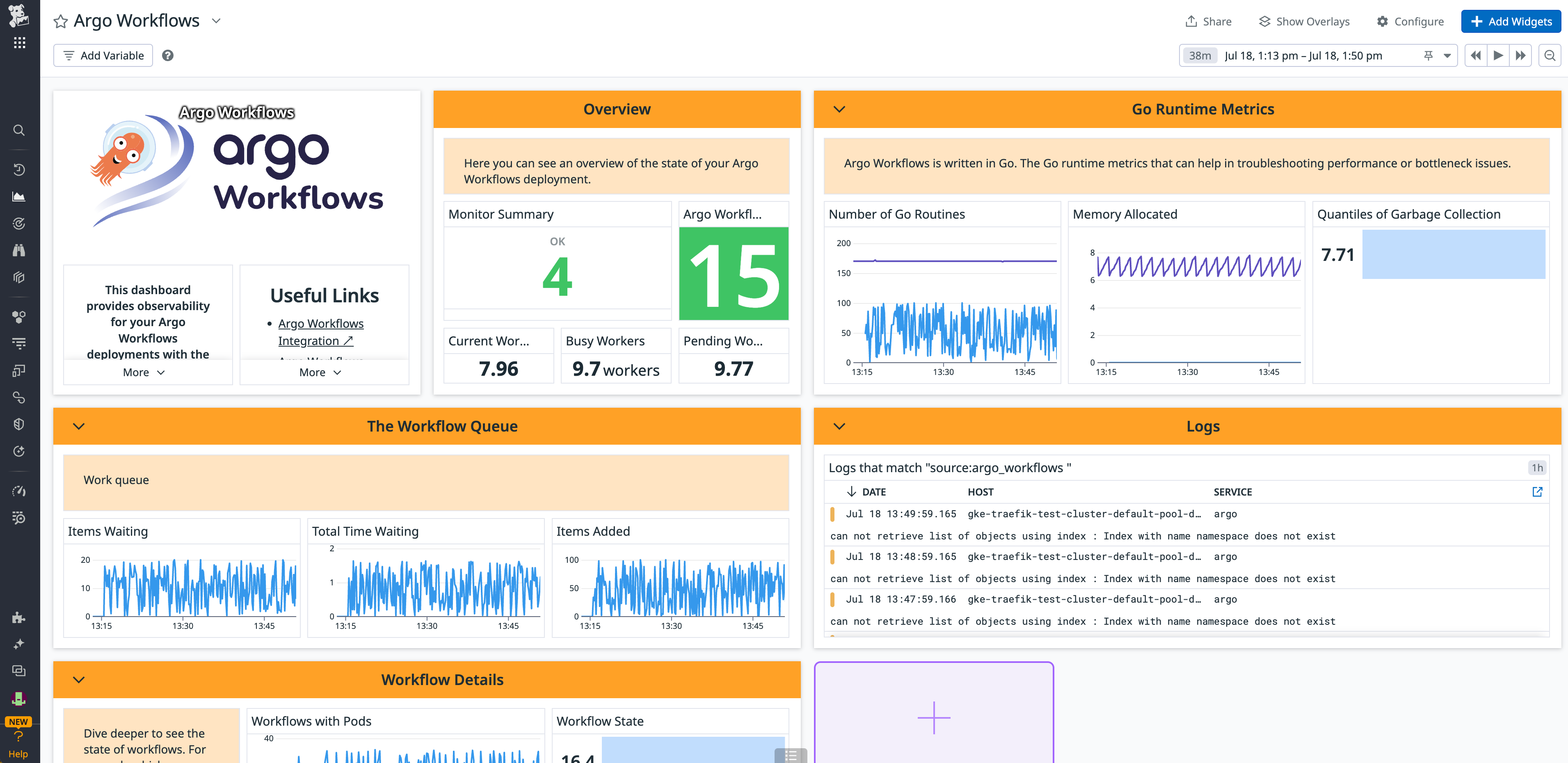 The Argo Workflows dashboard shows you Go runtime metrics, workflow queues, logs, and more.
