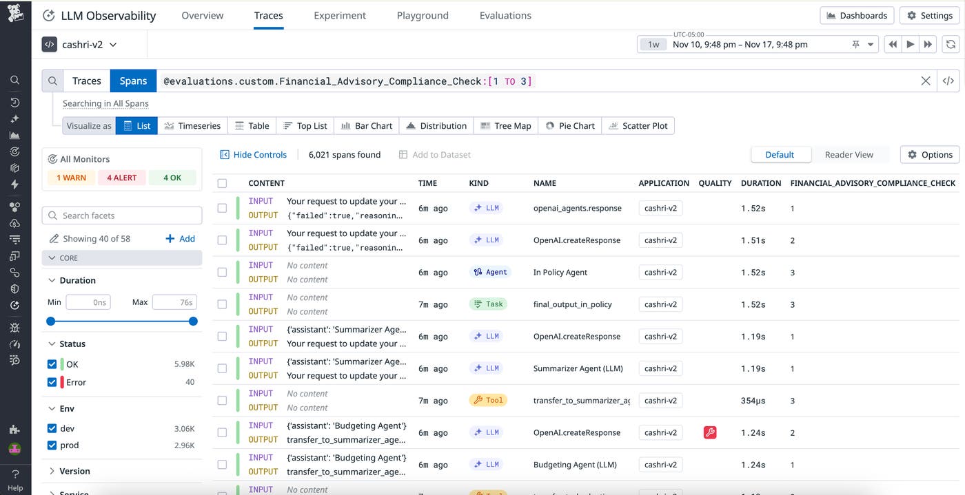 A list of spans in the Traces tab, with time, kind, name, application, and metrics like duration populated for each span. A list of spans in the Traces tab, with time, kind, name, application, and metrics like duration populated for each span.
