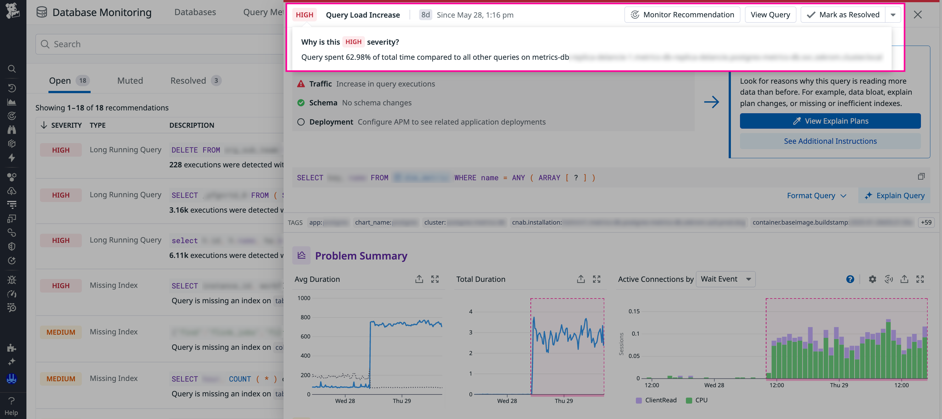A query regression that is labeled as high severity in Datadog DBM.