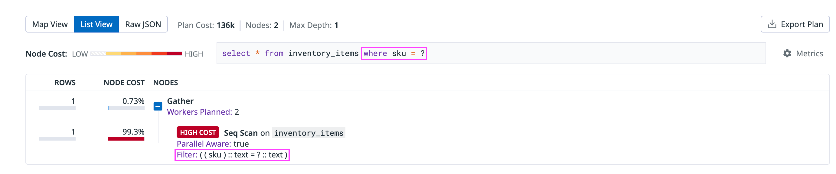 In the Postgres explain plan format, filter predicates are treated as node attributes that include valid query fragments.