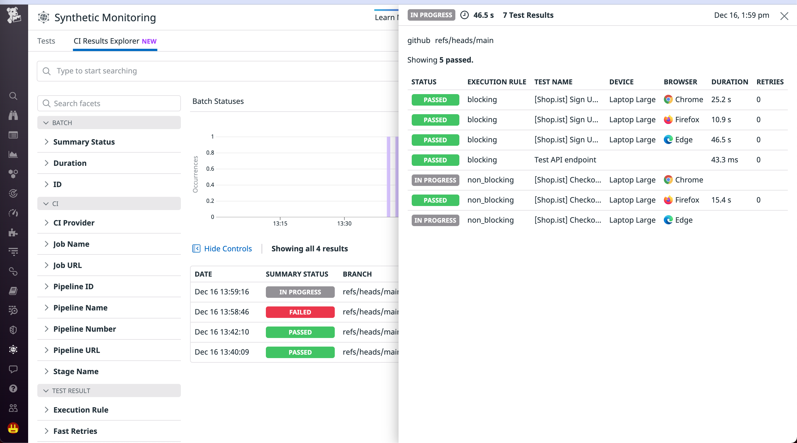 Synthetic test results automatically populate within the CI Results Explorer