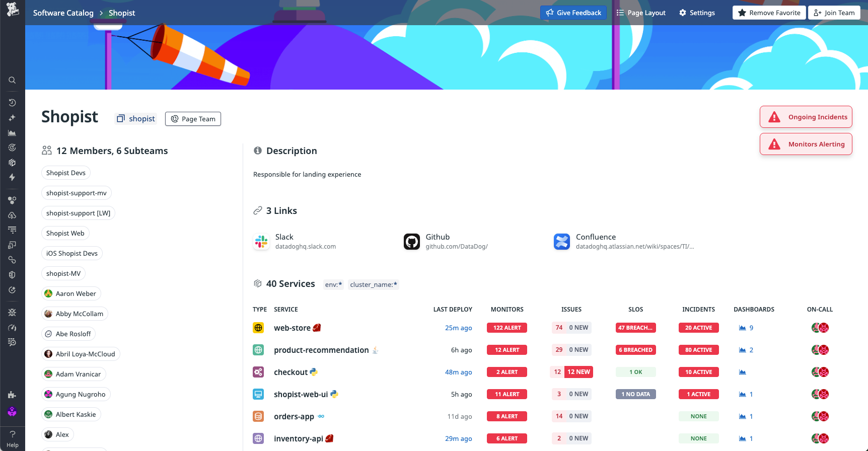 Screenshot of a Datadog Teams page within Datadog IDP showing owned services and related resources