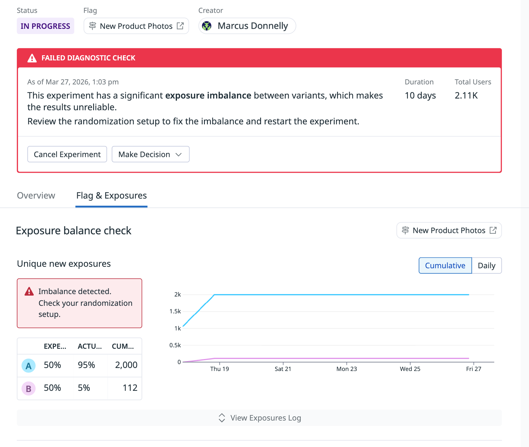 A screenshot of a failed diagnostic check for an experiment, detected automatically.