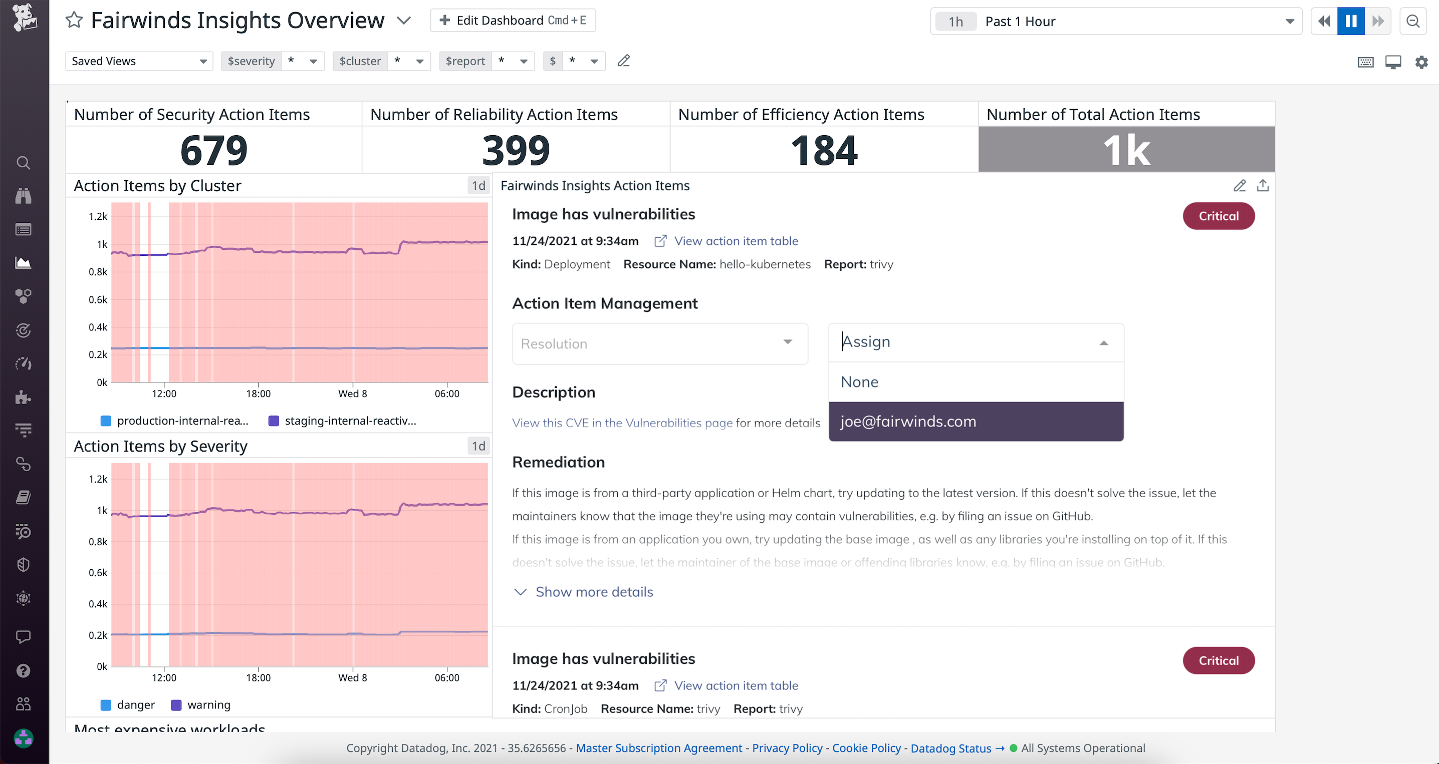 Action items can be added to Datadog Dashboards as widgets.