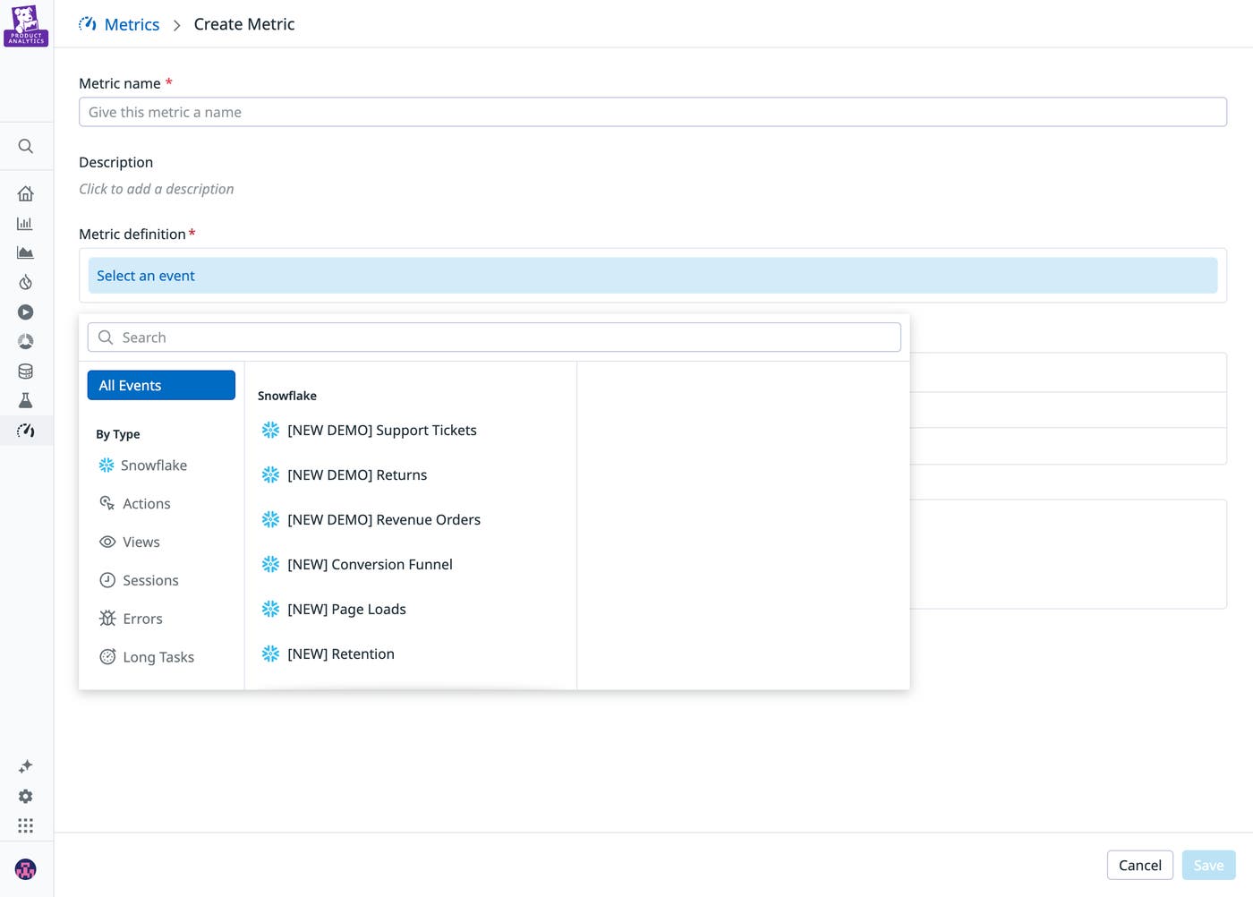A screenshot showing the creation of a metric specifically for warehouse-native business metrics. A screenshot showing the creation of a metric specifically for warehouse-native business metrics.
