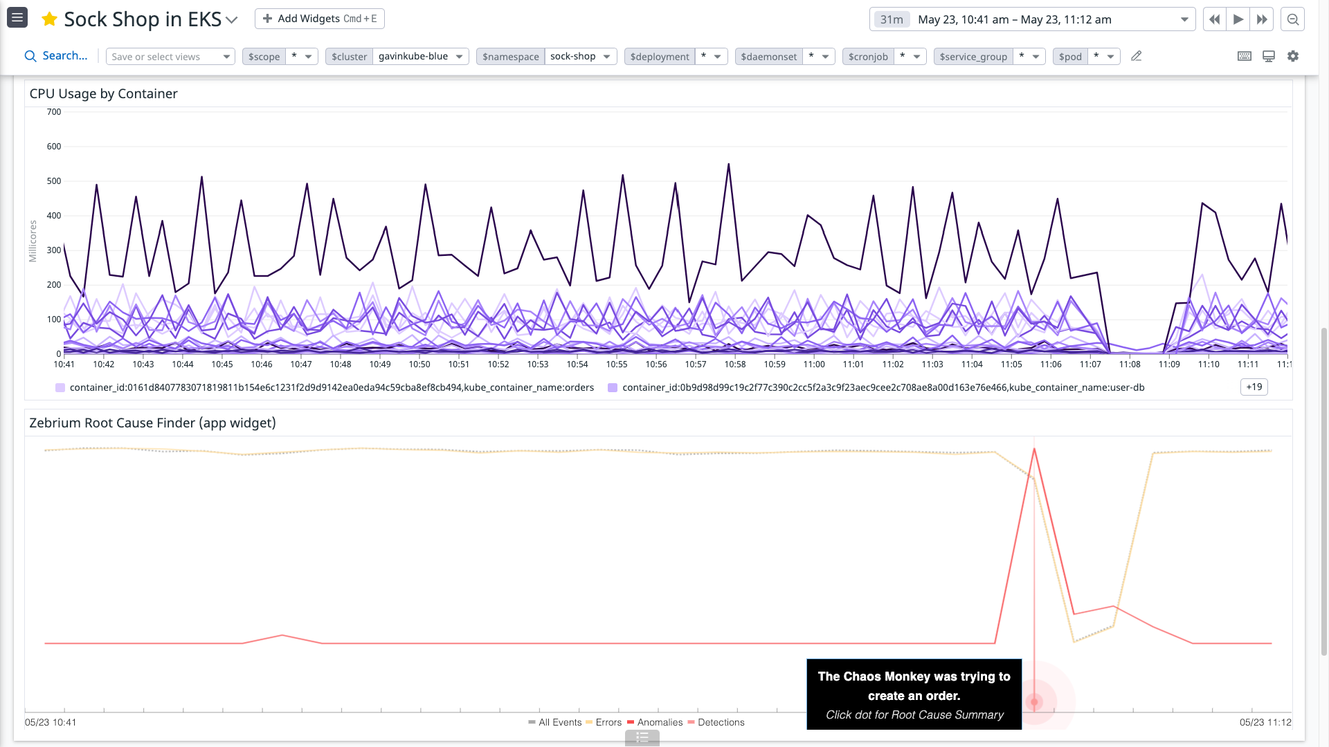 the Zebrium app detects a potential root cause of the issue