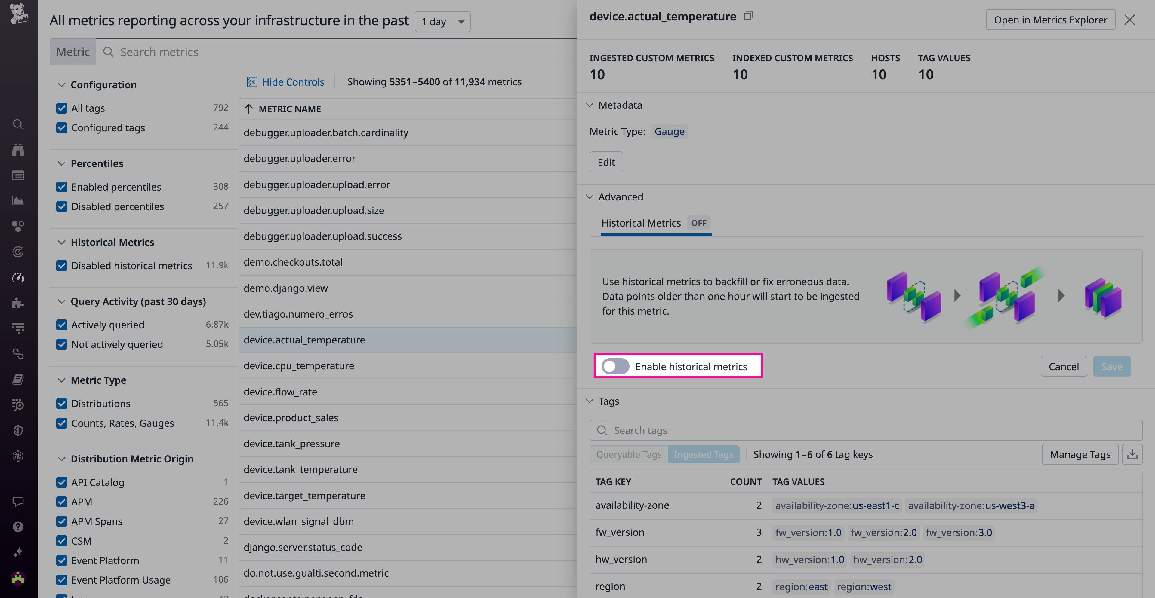Enable historical metrics from the Metrics Explorer in Datadog