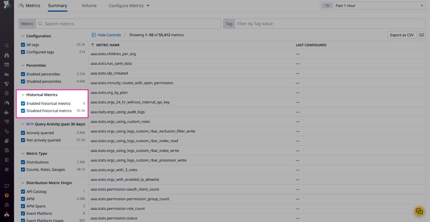 Historical Metrics facet box in Metrics Summary Historical Metrics facet box in Metrics Summary