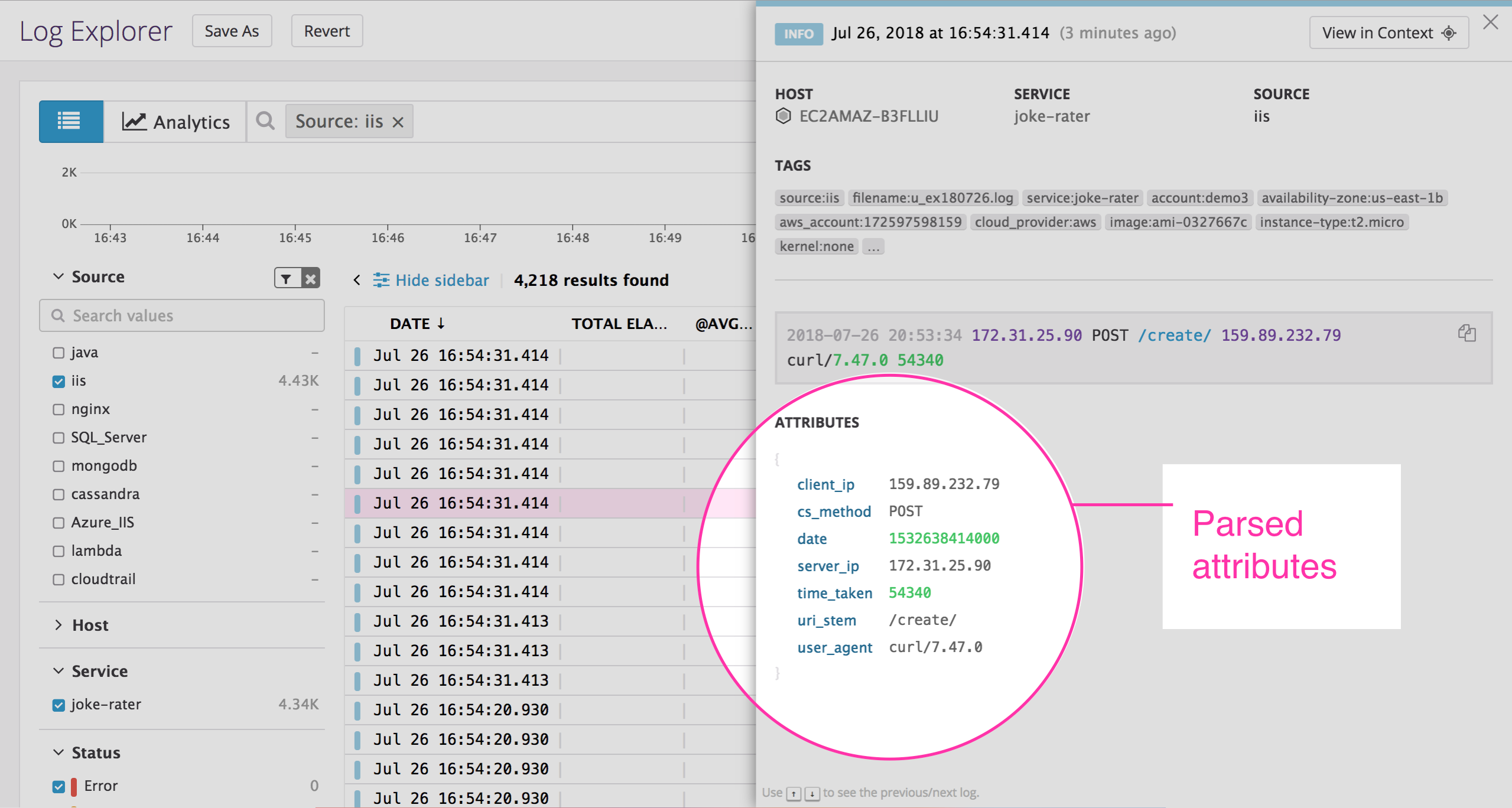 IIS monitoring - Viewing attributes for IIS logs