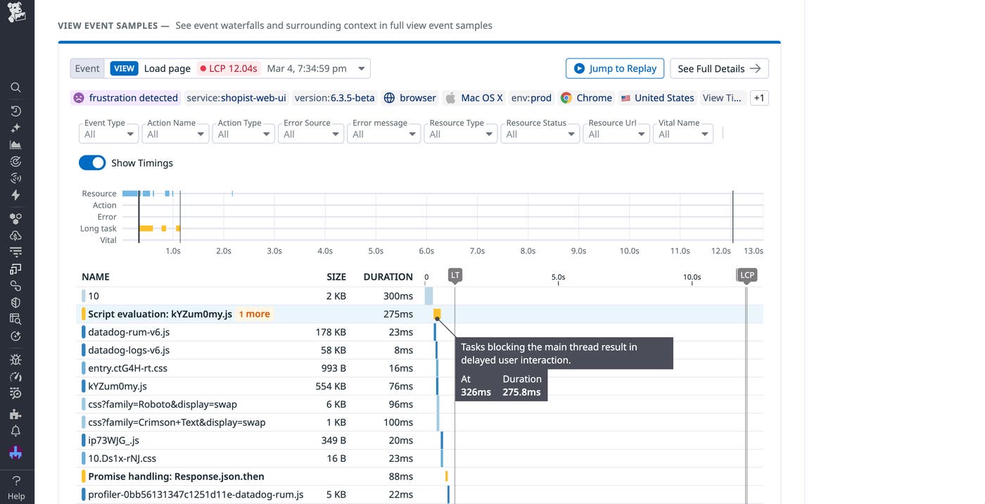 An event waterfall for the /cart page that highlights long tasks. An event waterfall for the /cart page that highlights long tasks.