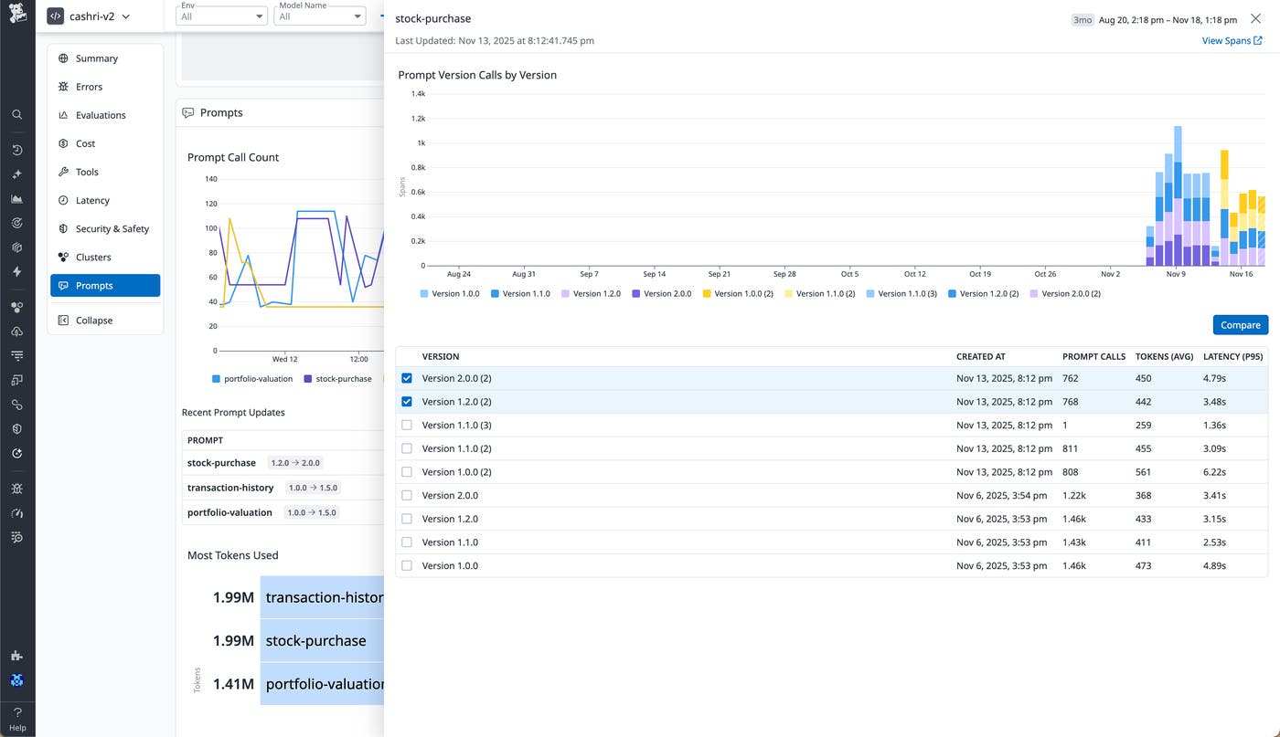 A prompt trend panel that shows prompt version calls in addition to average token usage and P95 latency for each version. A prompt trend panel that shows prompt version calls in addition to average token usage and P95 latency for each version.