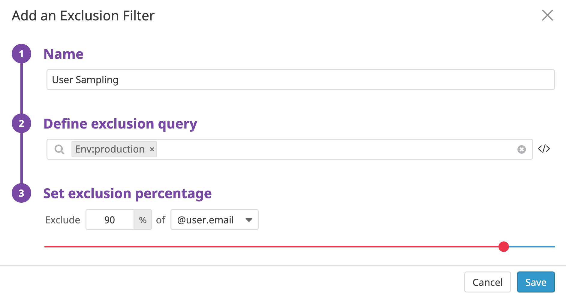 Defining an exclusion filter that subsamples 10 percent of logs within the production environment based on unique user emails.