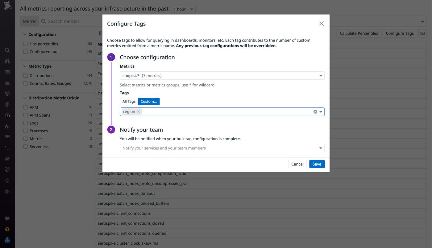 Datadog’s Metrics without Limits lets you easily configure which metrics or groups of metrics to collect Datadog’s Metrics without Limits lets you easily configure which metrics or groups of metrics to collect