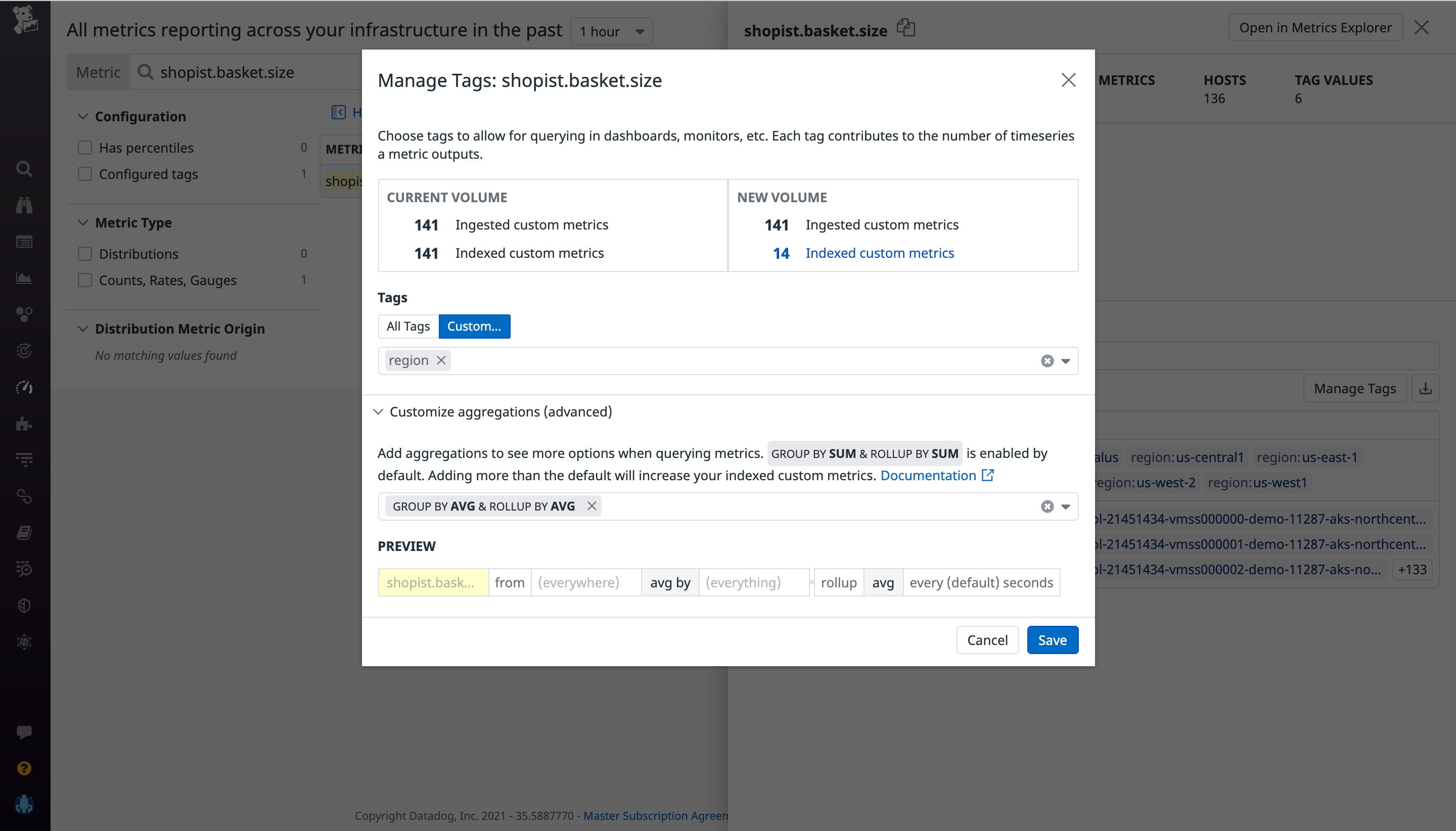 Specify metric aggregations to further fine tune your indexing
