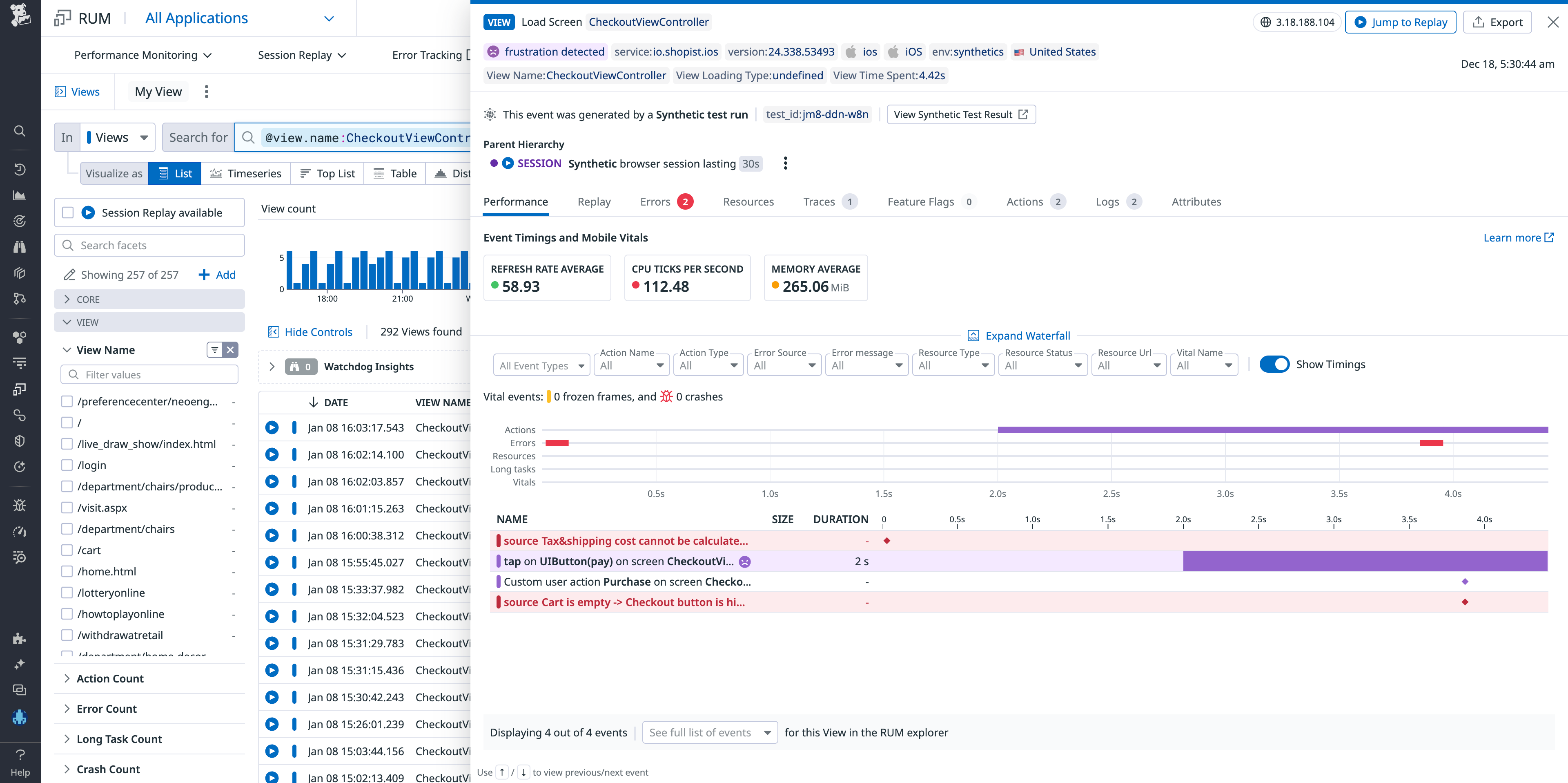 the session detail page provides a waterfall of resources loaded along with key performance metrics