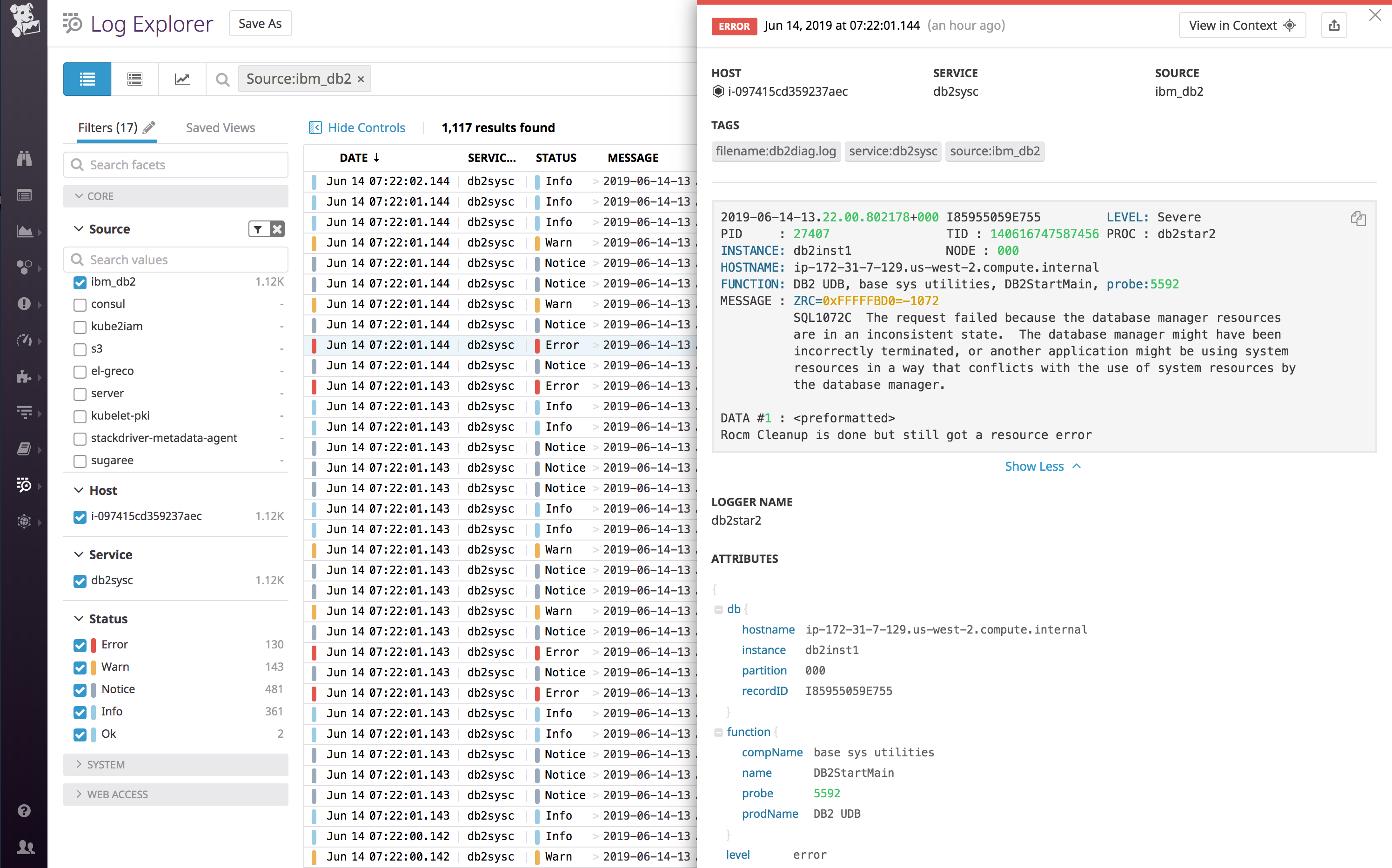 The Datadog Log Explorer shows a list of logs from the db2diag.log file and displays the full text of the selected log.