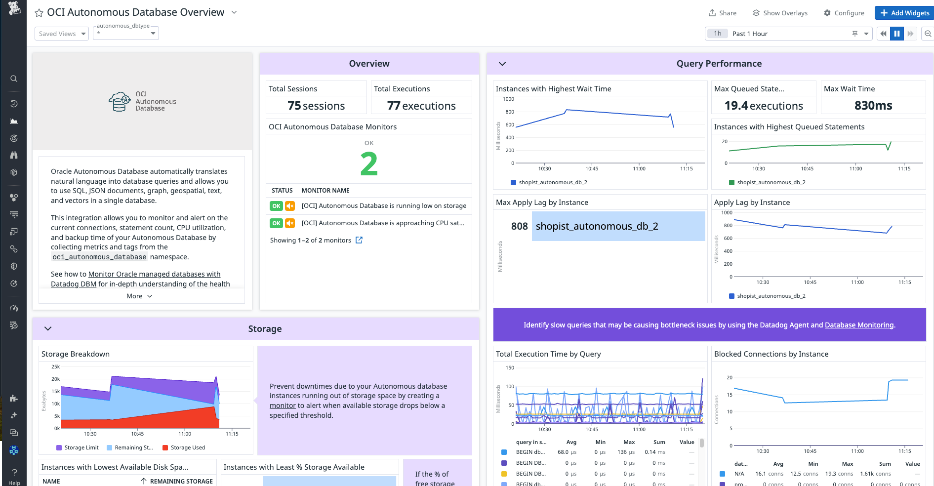 Gain detailed insights into your OCI Autonomous DB instances’ query performance, execution time, and storage.